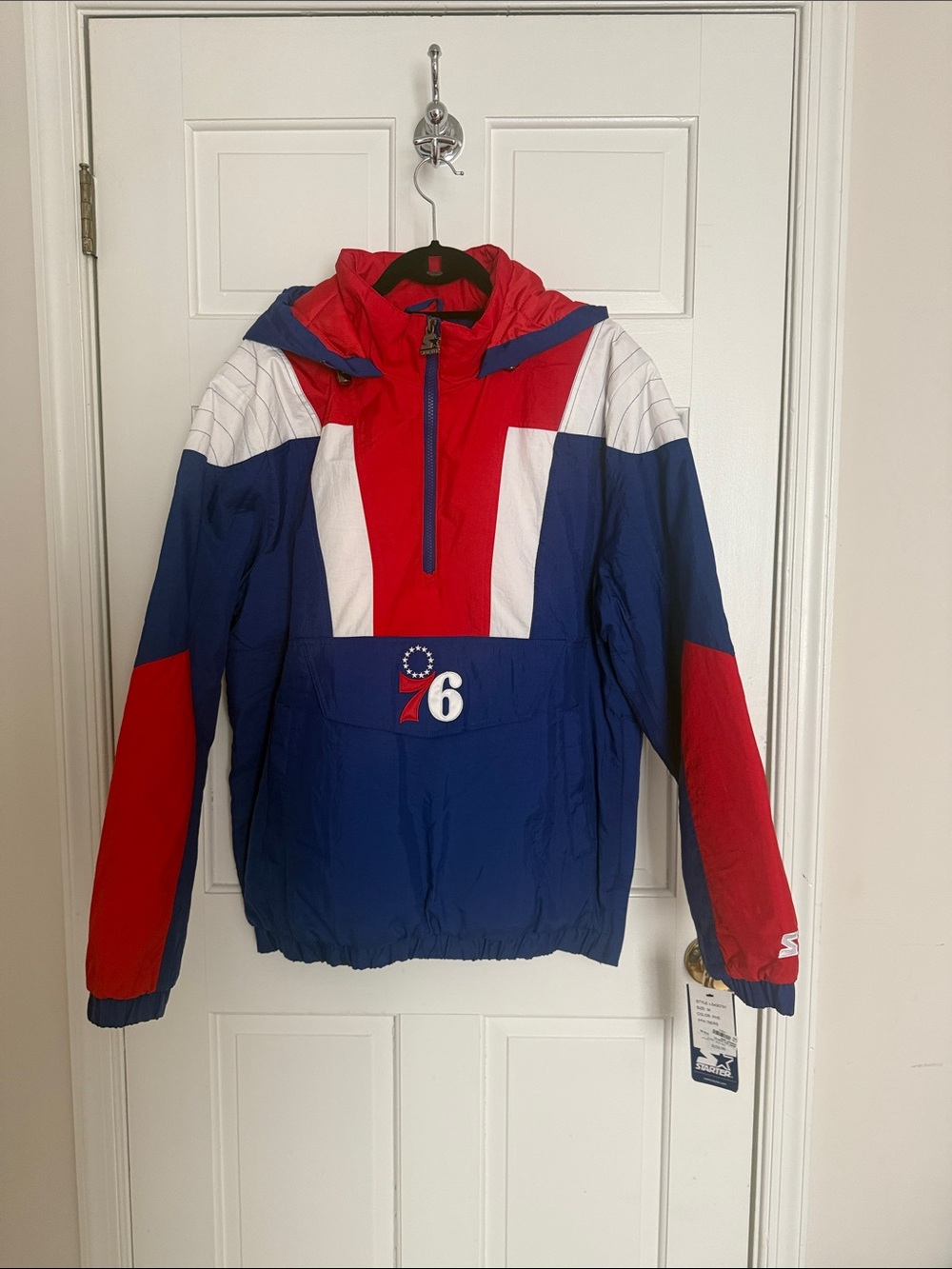 Let’s Go Sixers! STARTER Blue, Red & White Philadelphia 76ers Hooded Windbreaker